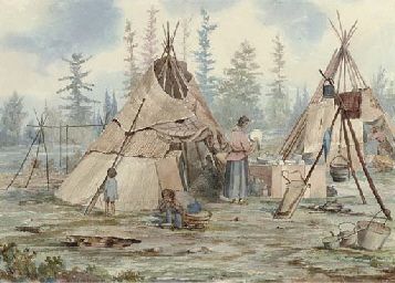 Indian camp with two wigwams (Northern Ontario)