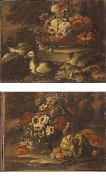 A STILL LIFE WITH A VASE OF FLOWERS TOGETHER WITH A MELON, A WATERMELON AND A PARROT