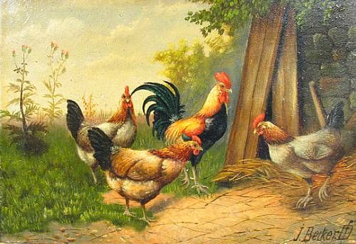 A barnyard scene with chickens and a rooster