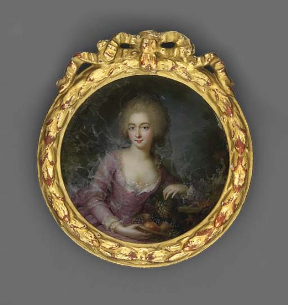 A young lady, holding a basket of fruit on her lap, in lace-bordered pale purple dress with lace cuffs, striped gauze scarf falling from her upswept and powdered hair...