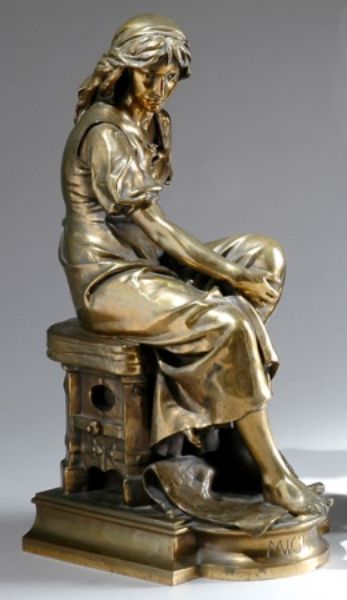 Of Mignon, modeled as a female figure seated on a Gothic style stool with a mandolin by her feet