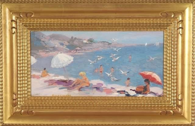 Beach scene, figures and gulls along the coast