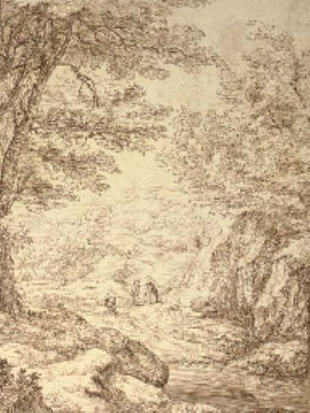 A rocky landscape with figures on a path