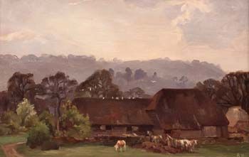Stockman and Cattle before a Barn