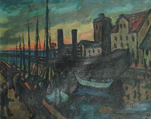 Harbour scene with setting sun