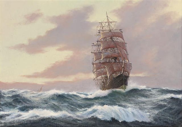 A clipper ship reefed down in an evening breeze