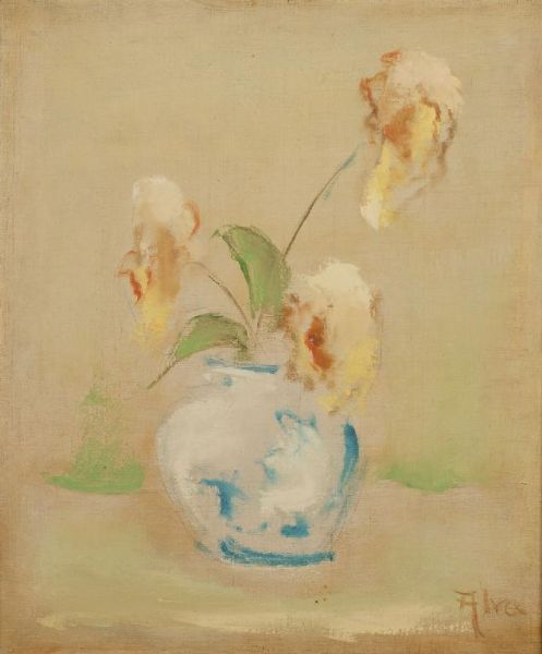 Irises in a blue and white vase,