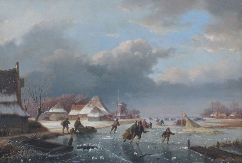 A winter landscape with figures skating,