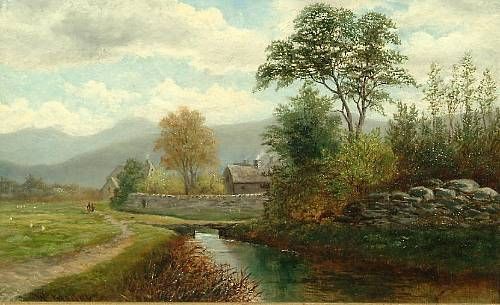 Figures on a riverside pathway with mountains beyond