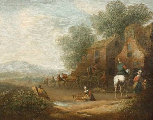Landscape with travellers before an Inn