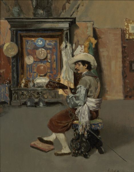 Interieur mit Gitarrenspieler in spanischer Tracht