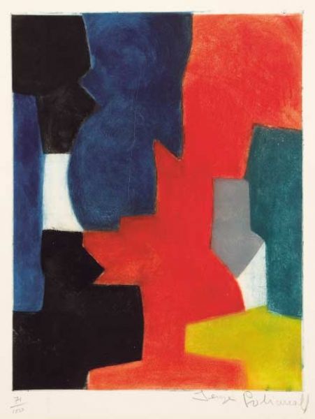 Composition bleue, rouge, verte et noire.