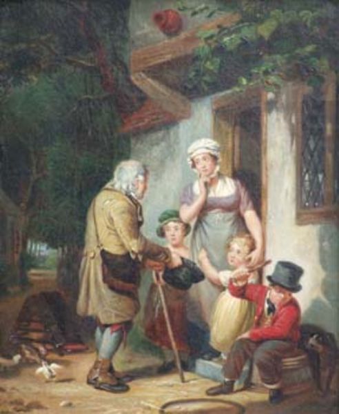 Figures outside a cottage