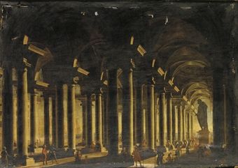 Interno di basilica con statua colossale