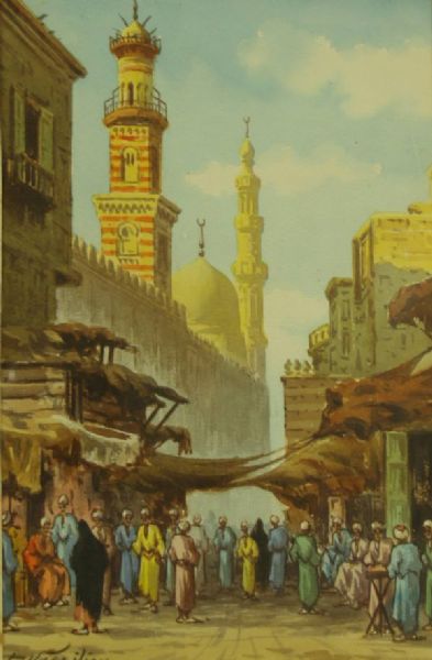Belebte Strassenszene vor einer Moschee