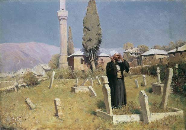 MOHAMMEDANER VOR EINER MOSCHEE MIT MINARETT