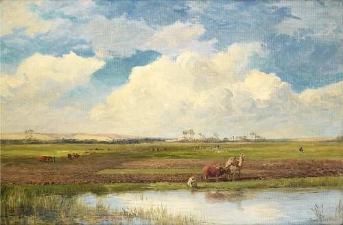 Camel and cattle in field