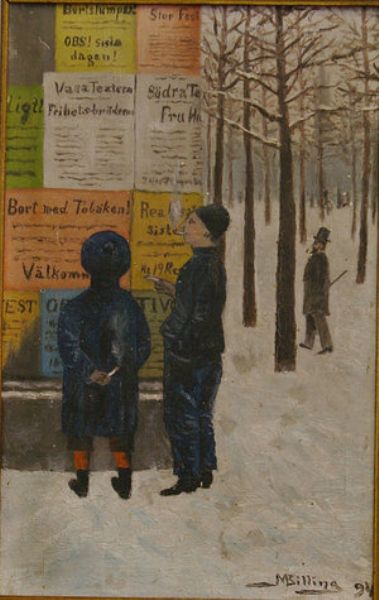 Young men reading posters