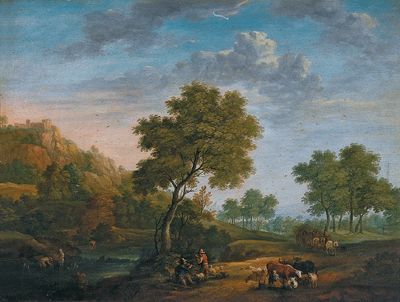 Wooded hilly landscape with shepherds