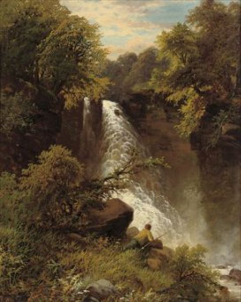 An angler before a waterfall
