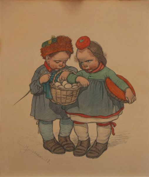 Schwälmer Junge und Mädchen mit Eierkorb und Kuchen