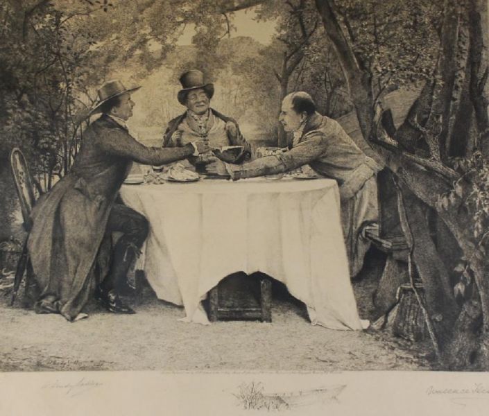 Three men dining round a table in a garden setting