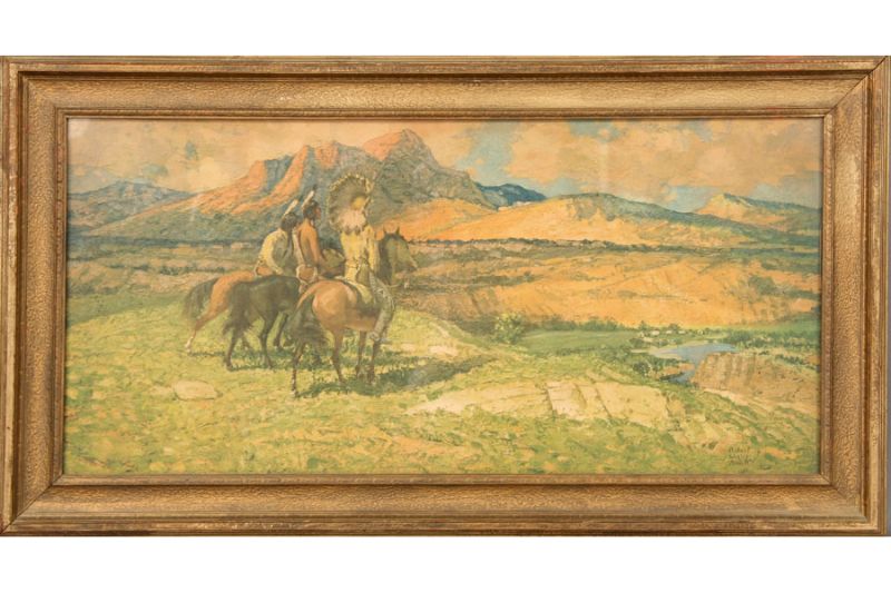 Three Indians Overlooking Homestead in Valley