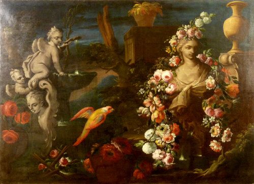 A STILL LIFE OF A CLASSICAL BUST DRAPED WITH A GARLAND OF FLOWERS, BESIDE A FOUNTAIN MOUNTED WITH PUTTI, WITH A PARROT IN A LANDSCAPE