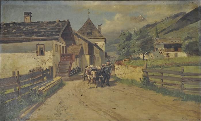 Dorfstraße mit Bauer und Ochsengespann.