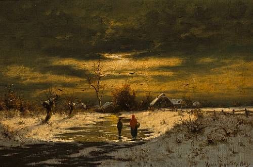 Figures on a path in the snow at sunset