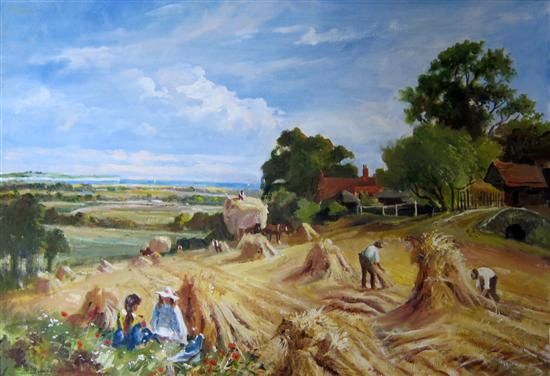 haymaking, with children looking on