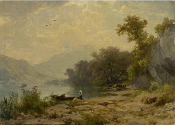 Landscape with lake and boat.