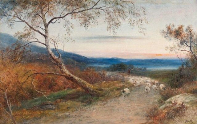 Shepherd and Flock at Sunset