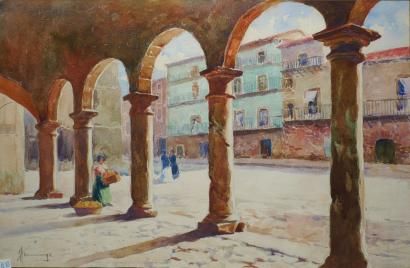 Marchande d'oranges sous des arcades