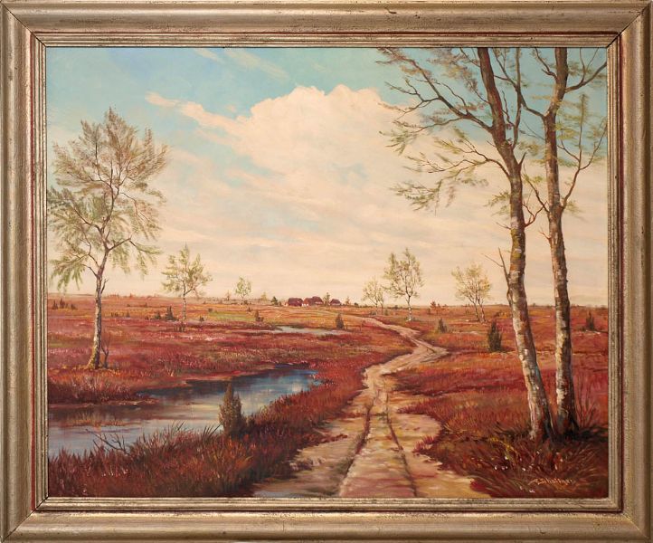 Weite, norddeutsche Moorlandschaft mit blühenden Erika und vereinzelten Birken.