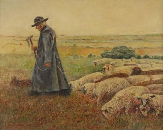 Schäfer mit Herde in weiter Landschaft
