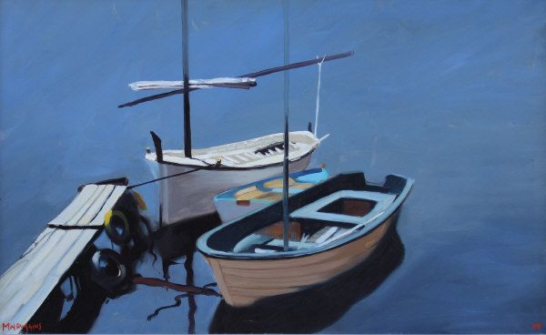 Three rowing boats moored in still waters