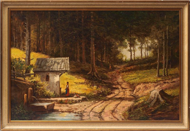 Junges Mädchen, vor einer einsamen Kapelle im lichtdurchfluteten Wald betend