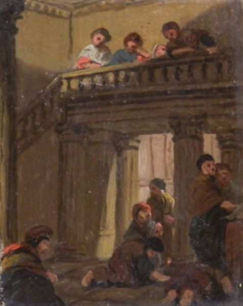 Group figure sketches in classical architectural settings