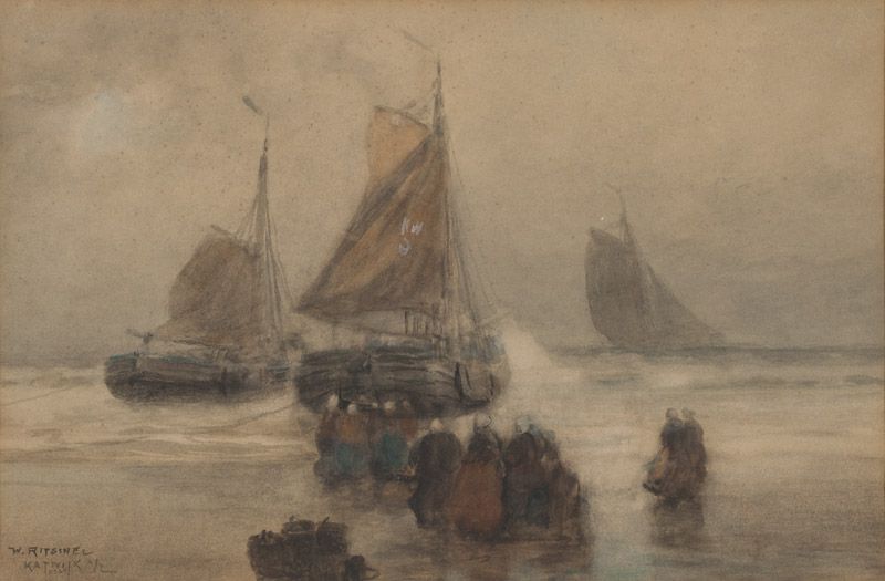 Boats and fisherwomen along the Dutch shore