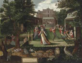 Elegantly dressed figures merrymaking in a garden