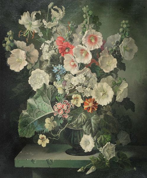 Still life - A vase of hollyhocks, carnations, lilies and sweet williams upon a marble ledge
