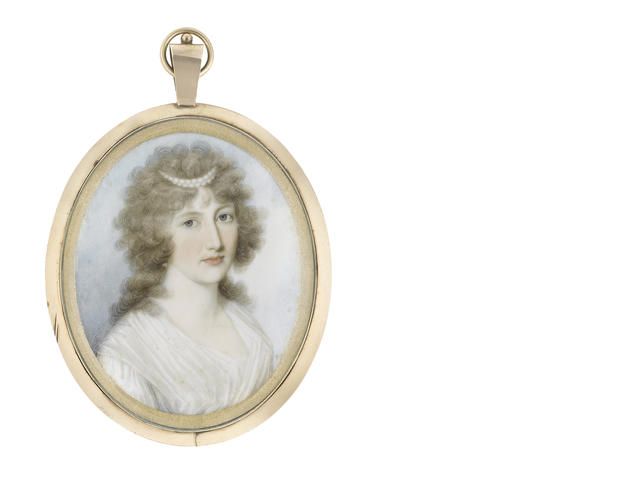 A Lady called, Arabella Edwards, wearing white dress, her curled and powdered hair worn à la conseilleur and dressed with a double-stranded pearl slide.