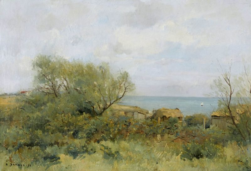 Küstenlandschaft mit Hütten.