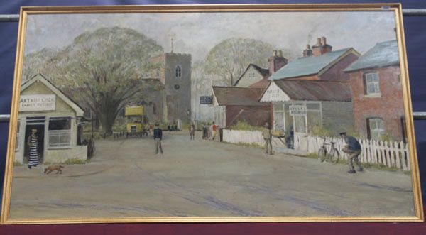 view of West Mersea, looking towards the church, with figures and a yellow bus