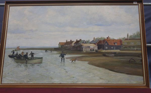view of West Mersea, looking towards the church, with figures and a yellow bu