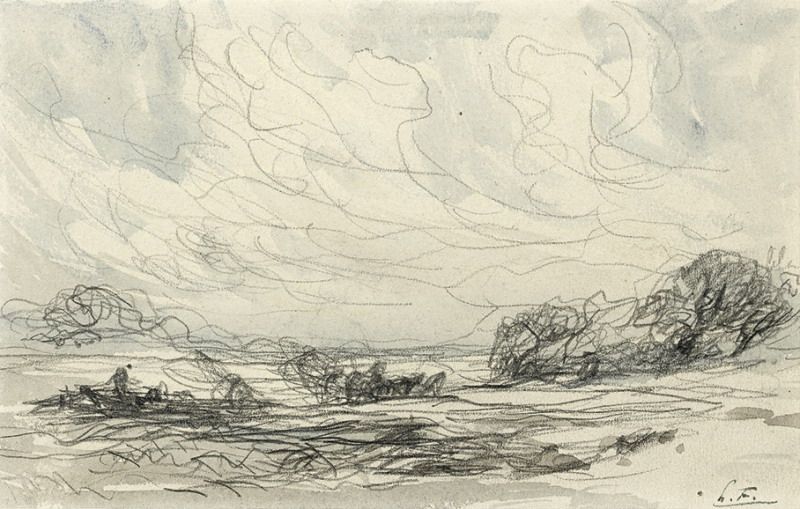 Paysage, étang avec pêcheur
