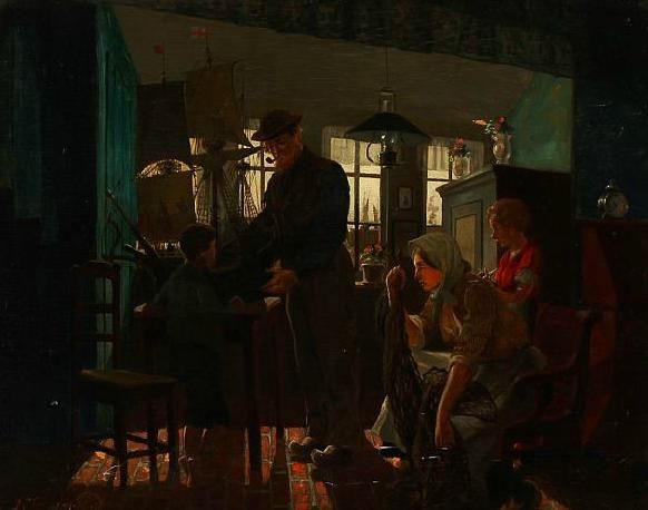 Interior with a boy who gets a model ship