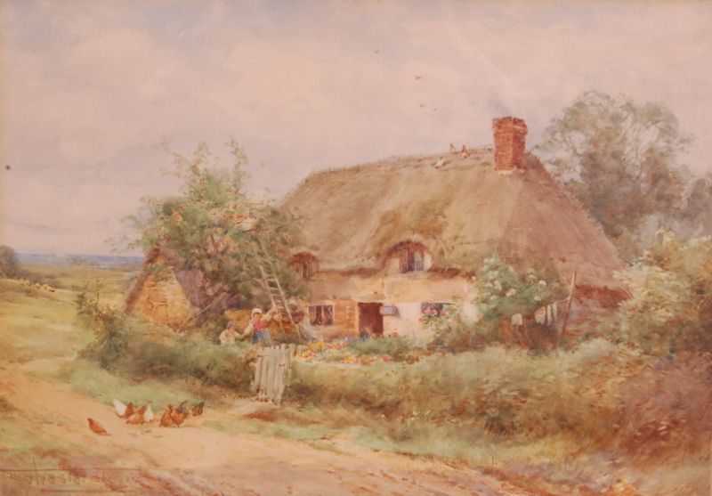 Feeding the chickens before a thatched cottage
