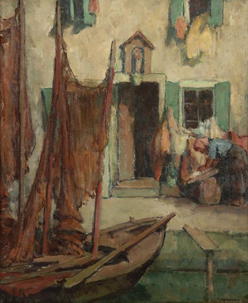 Figures in a European canal scene